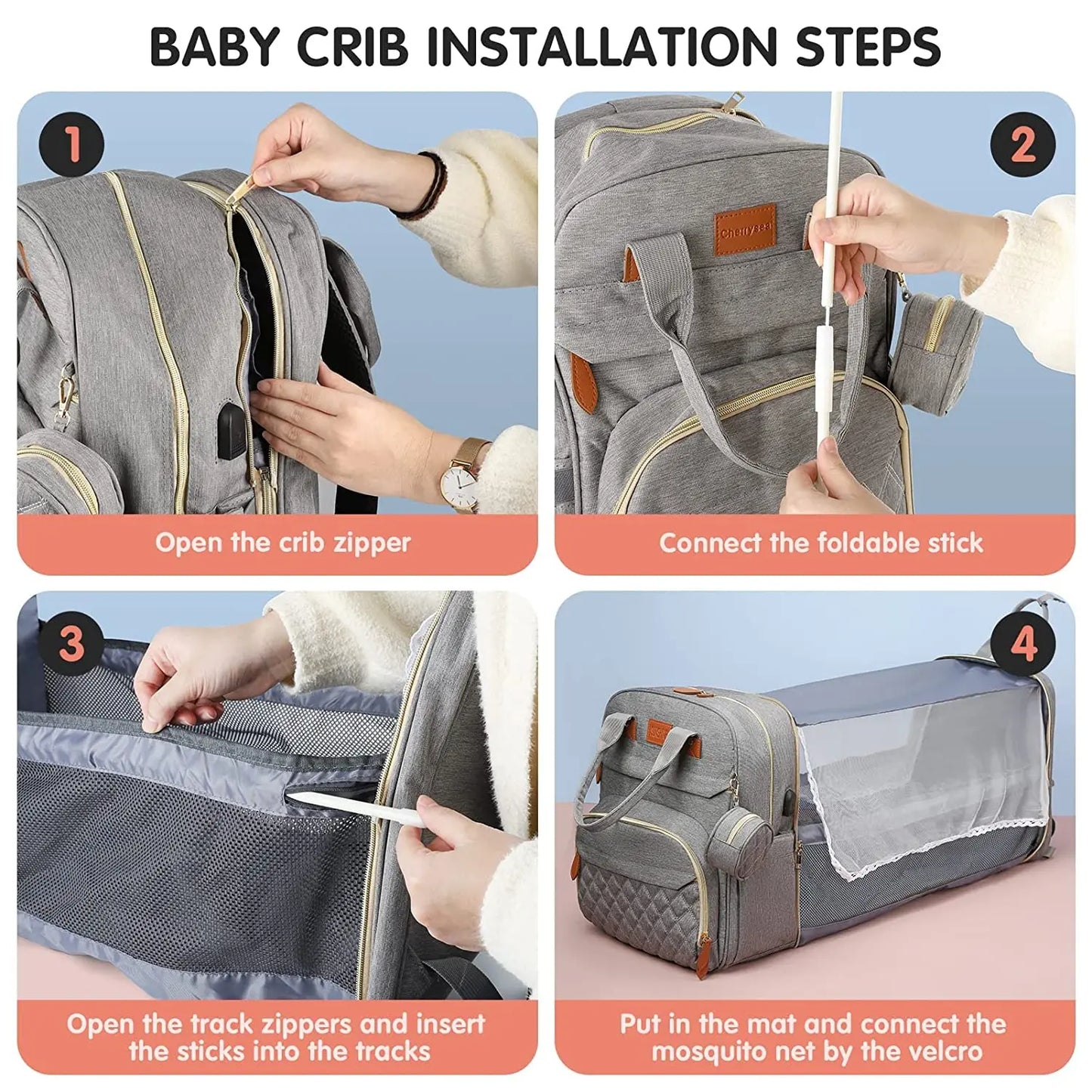 3 In 1 Diaper Bag Backpack Foldable Baby Bed Waterproof Travel Bag with USB Charge Port