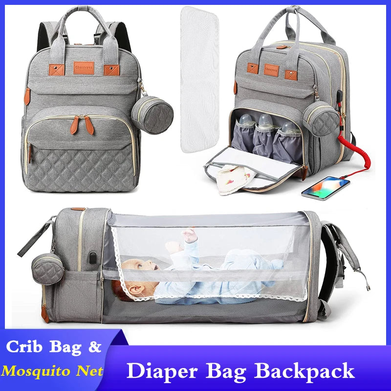 3 In 1 Diaper Bag Backpack Foldable Baby Bed Waterproof Travel Bag with USB Charge Port